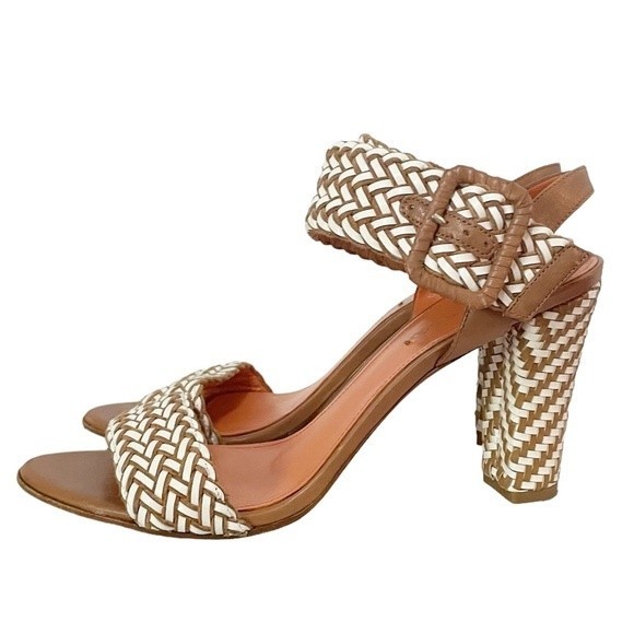 Via Spiga Woven Leather Heeled Ankle Strap Sandal Tan & White Women’s Size 9.5 - Picture 4 of 12